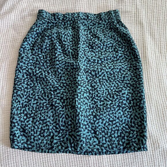 Kenar Dresses & Skirts - Vintage Kenar Linen Skirt Womens Small Teal Black Abstract Pencil High Waist 90s